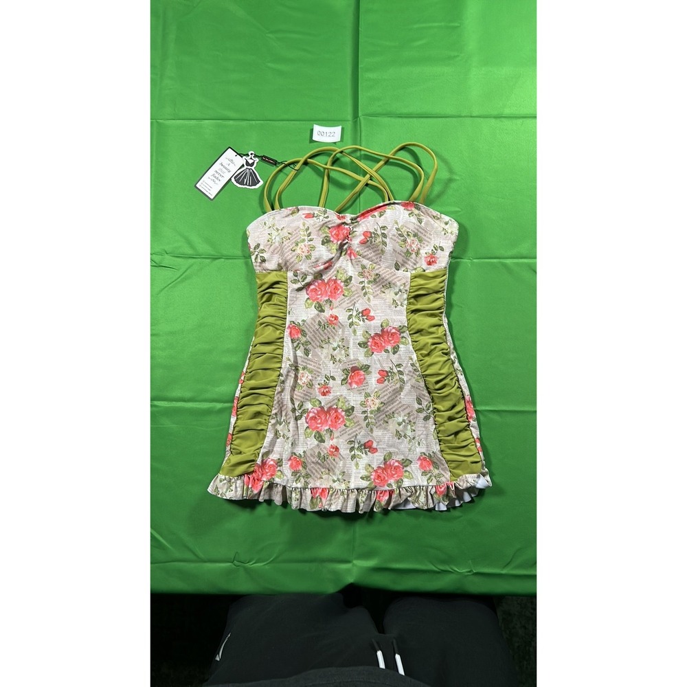 Retro Stage Floral Newspaper Print Swim Dress Olive Green Ruched One Piece M
